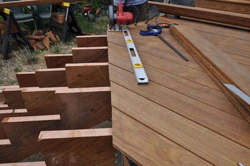 Setting up to trim the boards at the top of the stairs